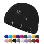 Custom Logo Distressed Beanie Hat for Men Women,Outdoor Winter Warm Short Cuff Knit Fisherman Hat with Broken Hole Pin