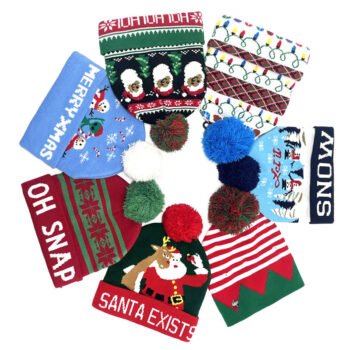 Winter Unisex Christmas Knitted Jacquard Pom Pom Beanie Hats Cap High Quality Acrylic Santa Bobble Hats With Custom Logo